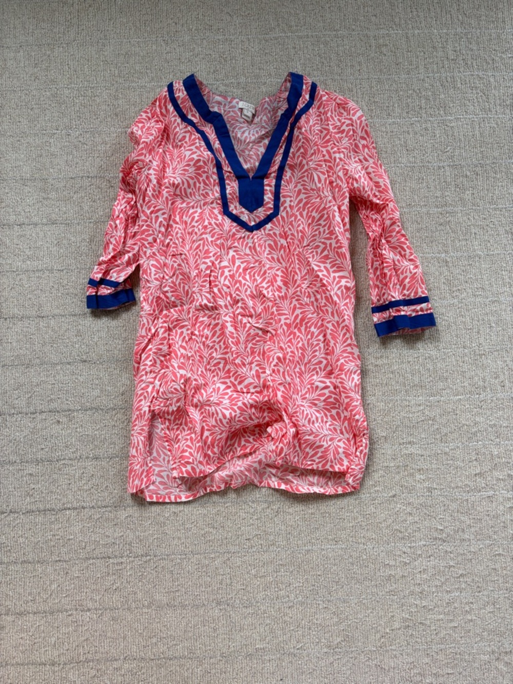 Womens JCrew Pink Floral beach Tunic with Navy Trim